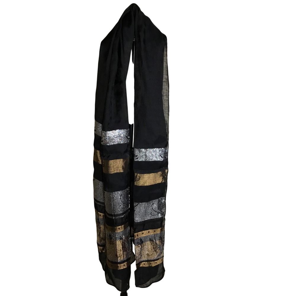 Black Scarf with Gold and Silver‎ Metallic Stripes Butterfly Floral Design Wrap